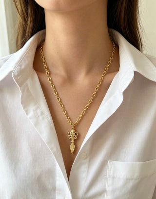 Gucci GG Engraved Spike Drop Gold Pendant Necklace