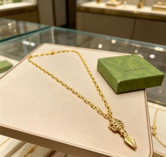 Gucci GG Engraved Spike Drop Gold Pendant Necklace