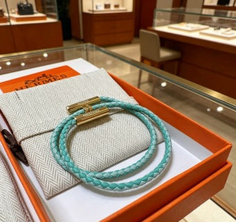 Hermès Aqua Braided Leather Double Wrap Bracelet