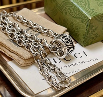 Gucci GG Barrel Pendant Silver Link Chain Necklace