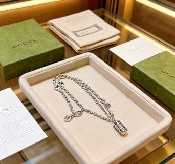 Gucci GG Charm Cylinder Drop Silver Chain Necklace