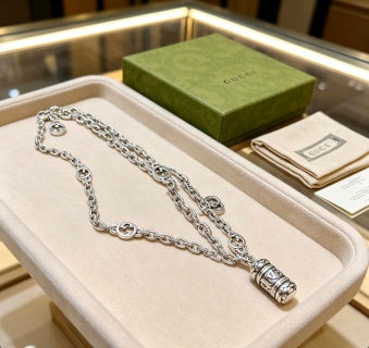 Gucci GG Charm Cylinder Drop Silver Chain Necklace