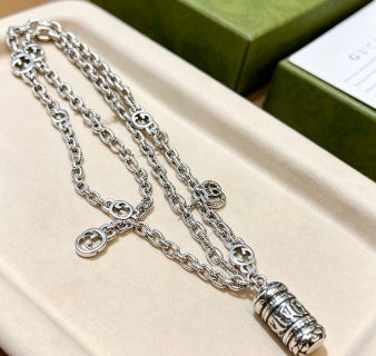 Gucci GG Charm Cylinder Drop Silver Chain Necklace