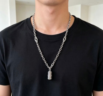 Gucci GG Charm Cylinder Drop Silver Chain Necklace