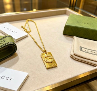 Gucci Vintage Crest Gold Plaque Pendant Necklace