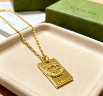Gucci Vintage Crest Gold Plaque Pendant Necklace
