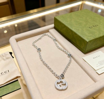 Gucci GG Crystal Circle Pendant Silver Chain Necklace