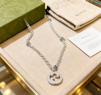Gucci GG Crystal Circle Pendant Silver Chain Necklace