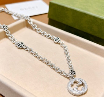 Gucci GG Crystal Circle Pendant Silver Chain Necklace