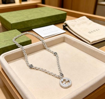 Gucci GG Crystal Circle Pendant Silver Chain Necklace