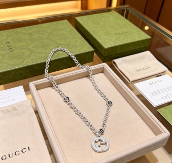Gucci GG Crystal Circle Pendant Silver Chain Necklace
