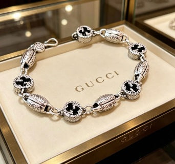 Gucci GG Black Enamel Medallion Link Necklace