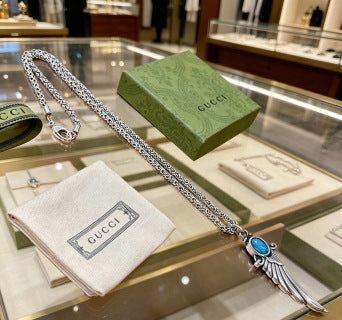 Gucci Blue Stone Winged Spike Pendant Silver Necklace