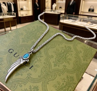 Gucci Blue Stone Winged Spike Pendant Silver Necklace