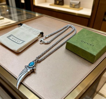 Gucci Blue Stone Winged Spike Pendant Silver Necklace
