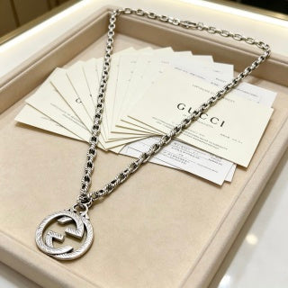 Gucci GG Crystal Circle Medallion Silver Chain Necklace