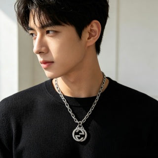 Gucci GG Crystal Circle Medallion Silver Chain Necklace