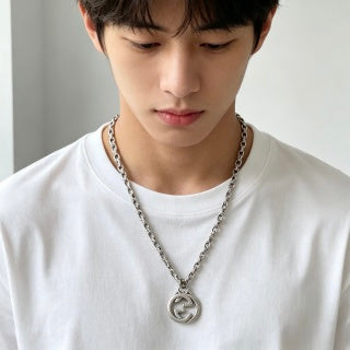 Gucci GG Crystal Circle Medallion Silver Chain Necklace