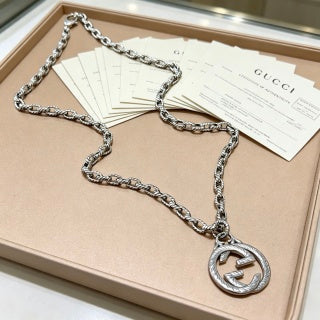 Gucci GG Crystal Circle Medallion Silver Chain Necklace