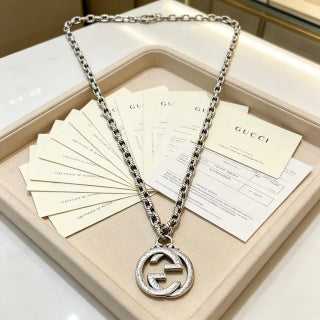 Gucci GG Crystal Circle Medallion Silver Chain Necklace