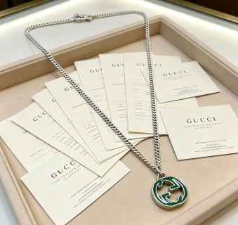 Gucci GG Green Enamel Medallion Silver Chain Necklace