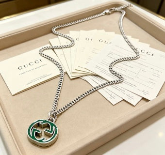 Gucci GG Green Enamel Medallion Silver Chain Necklace