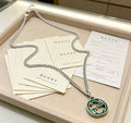 Gucci GG Green Enamel Medallion Silver Chain Necklace