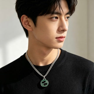 Gucci GG Green Enamel Medallion Silver Chain Necklace