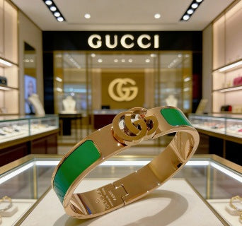 Gucci GG Green Enamel Inlay Gold Cuff Bracelet