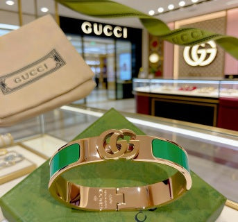 Gucci GG Green Enamel Inlay Gold Cuff Bracelet