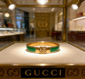 Gucci GG Green Enamel Inlay Gold Cuff Bracelet