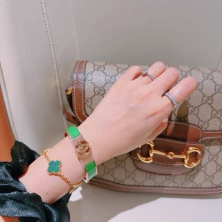 Gucci GG Green Enamel Inlay Gold Cuff Bracelet