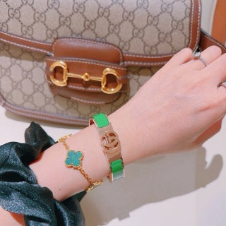 Gucci GG Green Enamel Inlay Gold Cuff Bracelet