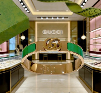 Gucci GG Green Enamel Inlay Gold Cuff Bracelet