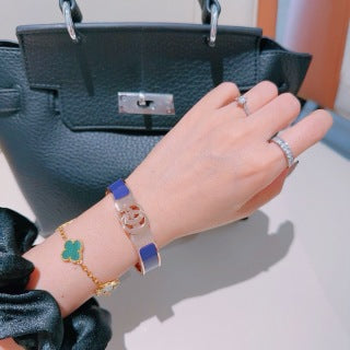 Gucci GG Enamel Purple Accent Gold Cuff Bracelet