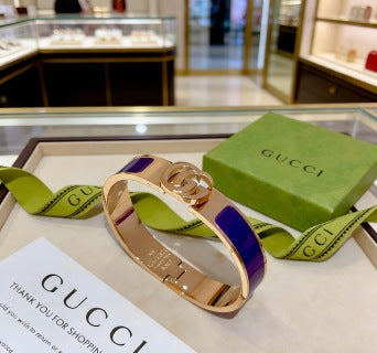 Gucci GG Enamel Purple Accent Gold Cuff Bracelet