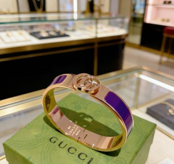 Gucci GG Enamel Purple Accent Gold Cuff Bracelet