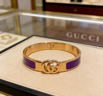 Gucci GG Enamel Purple Accent Gold Cuff Bracelet