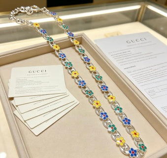 Gucci GG Floral Enamel Link Gold Necklace