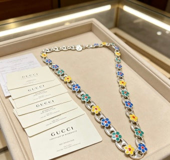 Gucci GG Floral Enamel Link Gold Necklace