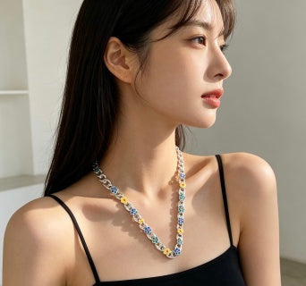 Gucci GG Floral Enamel Link Gold Necklace