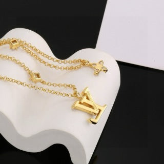 Louis Vuitton Diamond Letter Layered Chain Necklace