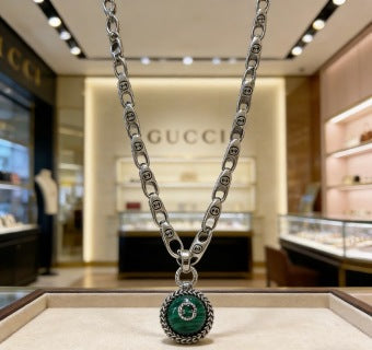 Gucci GG Emerald Medallion Silver Chain Necklace