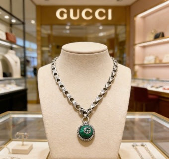 Gucci GG Emerald Medallion Silver Chain Necklace