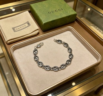 Gucci GG Interlocking Medallion Silver Link Bracelet
