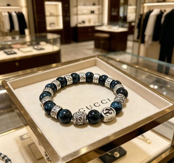 Gucci GG Beaded Onyx Accent Silver Bracelet