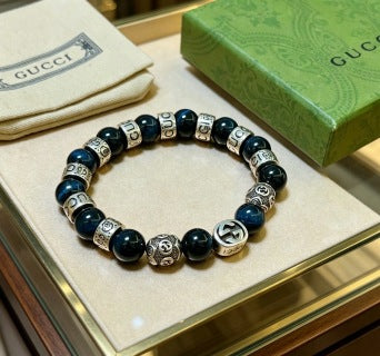 Gucci GG Beaded Onyx Accent Silver Bracelet