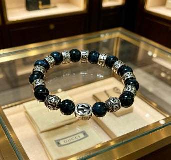 Gucci GG Beaded Onyx Accent Silver Bracelet