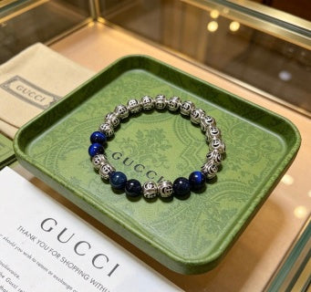 Gucci GG Beaded Lapis Accent Silver Bracelet