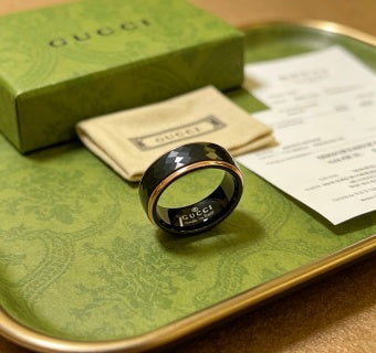 Gucci GG Interlocking Black Enamel Silver Band Ring